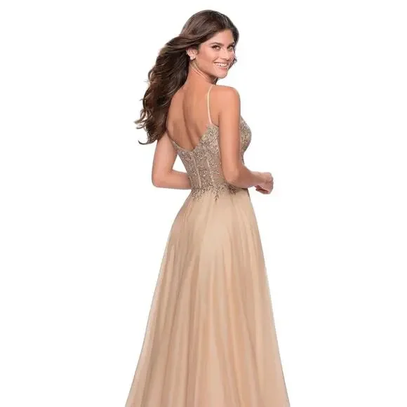 La Femme Nude Floral Appliqué Chiffon Evening Gown Maxi Dress Size 14 NWT